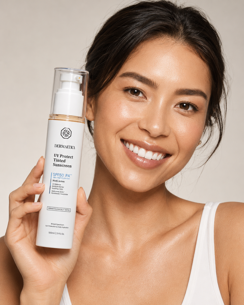 DERMAETICA UV Protect Tinted Sunscreen – SPF 50+ PA+++ Very High Protection – Multi-Action: UV Defense, Moisture Barrier, Soothing Care – With Hyaluronic Acid, Panthenol & Ceramide – Broad Spectrum – Dermatologically Tested – 100ml