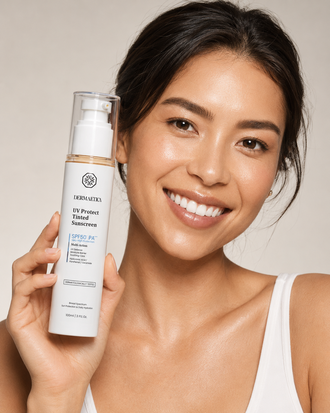 DERMAETICA UV Protect Tinted Sunscreen – SPF 50+ PA+++ Very High Protection – Multi-Action: UV Defense, Moisture Barrier, Soothing Care – With Hyaluronic Acid, Panthenol & Ceramide – Broad Spectrum – Dermatologically Tested – 100ml