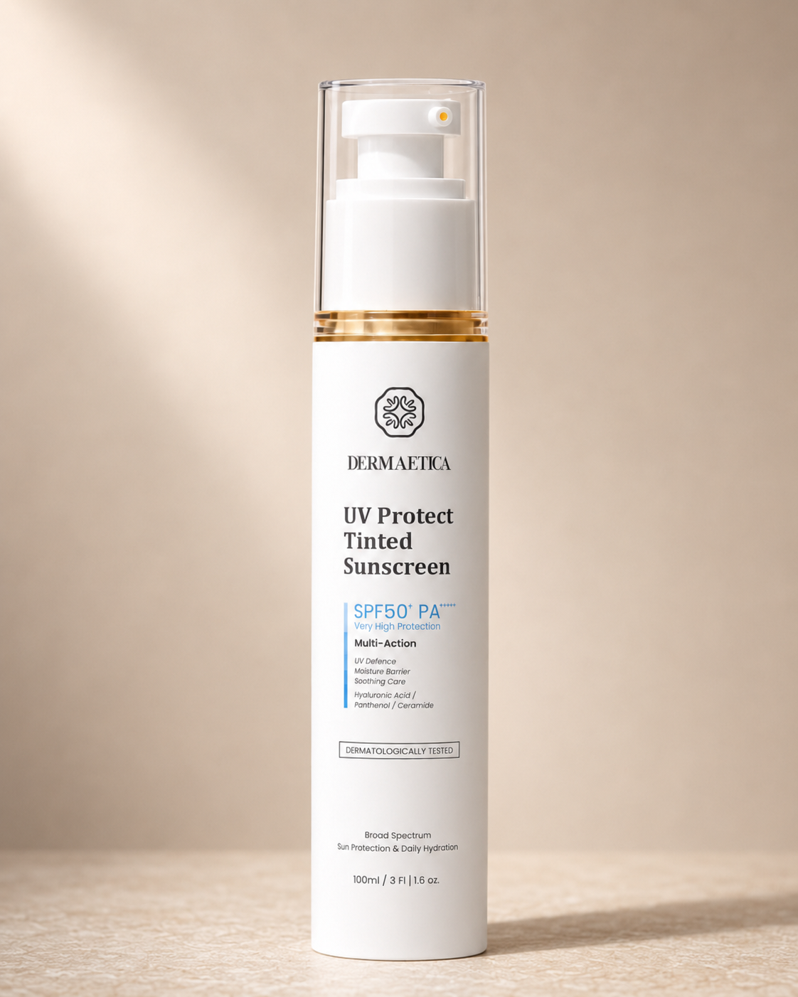 DERMAETICA UV Protect Tinted Sunscreen – SPF 50+ PA+++ Very High Protection – Multi-Action: UV Defense, Moisture Barrier, Soothing Care – With Hyaluronic Acid, Panthenol & Ceramide – Broad Spectrum – Dermatologically Tested – 100ml